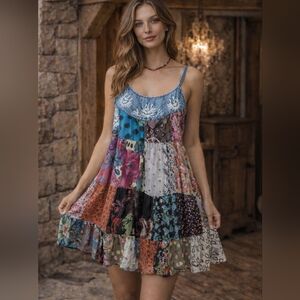 YOUNG THREADS (MOLLY GREEN) Boho Patchwork Tunic Dress | Denim Yoke Embroidered